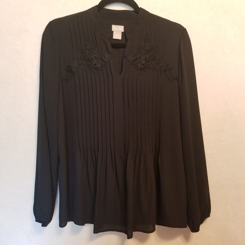 Chico's 0 (Sm) Top Black Floral Appliqué Pleated Whimsigoth Witchy Gothic Boho